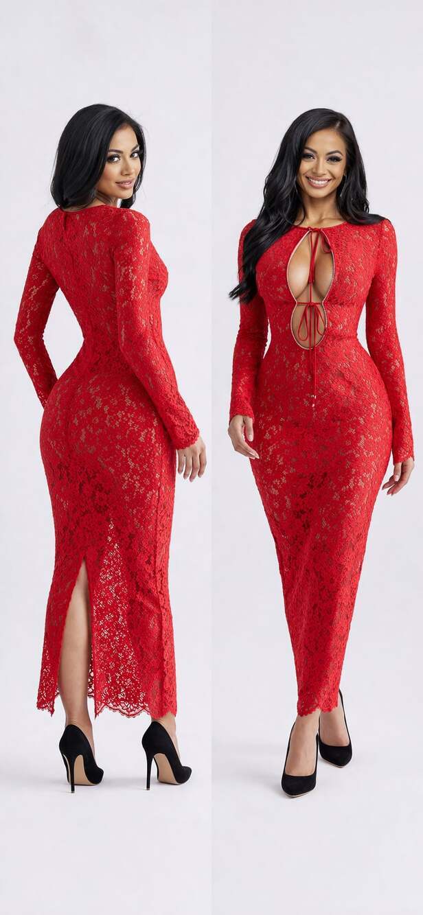Clothing : Maxi Dresses : 'Lisandra' Red Lace Maxi Dress,